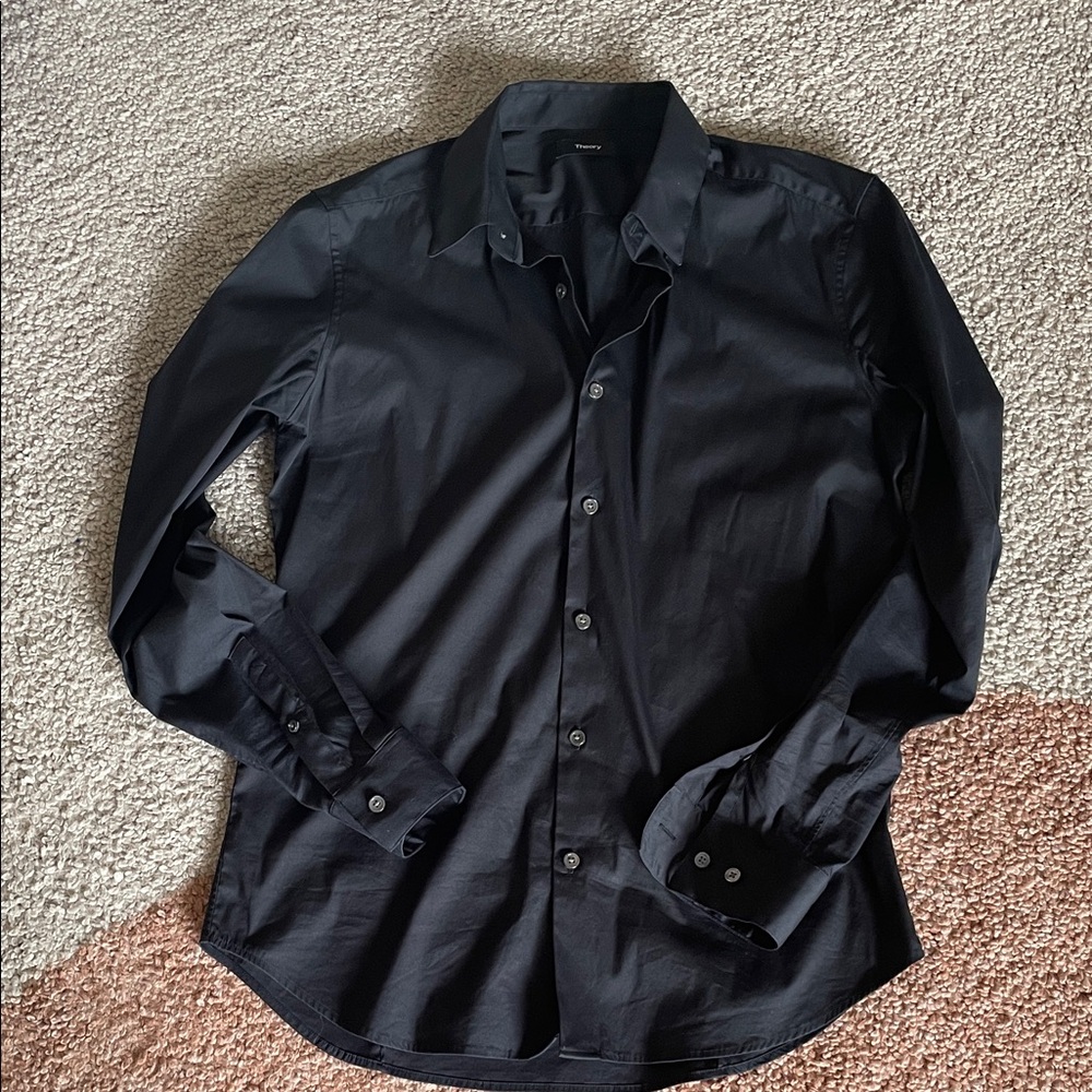 Theory women M black cotton blend dress shirt workwear quiet luxury